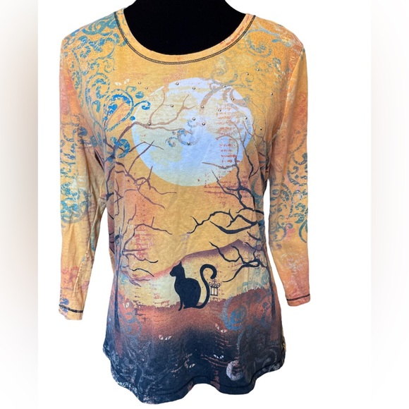 I.B.Diffusion Orange Halloween Fall Spooky Black Cat Witchy Novelty Festive Top - Picture 1 of 8